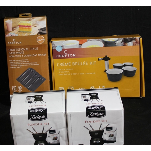 173 - @2 DELUXE FONDUE SETS, CROFTON CREME BRULEE KIT & CROFTON 4 LAYER LOAF TIN SETS