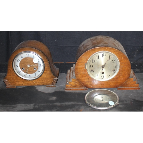 56 - 2 OAK MANTLE CLOCKS - GLASS FRONT NEEDS REFITTING ON ONE