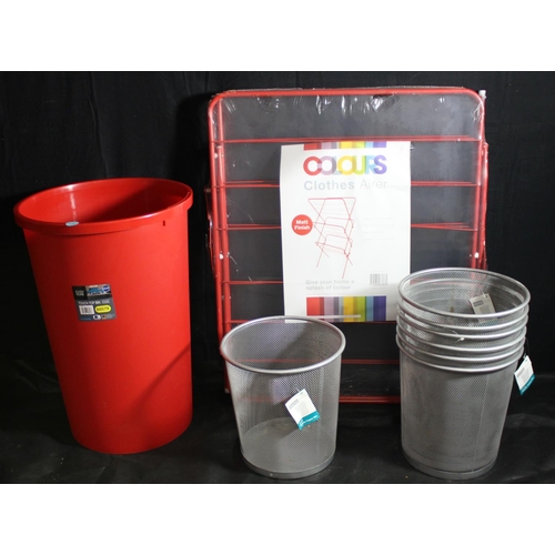 97 - @COLOURS CLOTHES AIRER - RED, EASY HOME TOUCH TOP BIN - RED & 7 SILVER COLOURED WASTE PAPER BINS