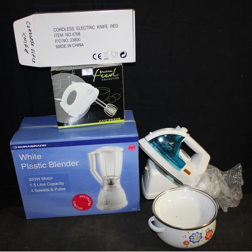 37 - NEW HOUSEHOLD GOODS - CORDLESS IRON, RUSSELL HOBBS MIXER, CORDLESS ELECTRIC KNIFE, BLENDER, SAUCEPAN