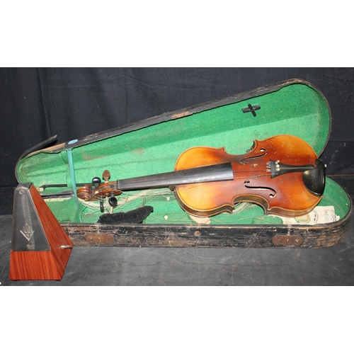 38 - HAYNES SEBASTIAN KLOTZ VIOLIN - IN NEED OF REPAIR WITH CASE AND METRONOME