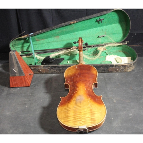 38 - HAYNES SEBASTIAN KLOTZ VIOLIN - IN NEED OF REPAIR WITH CASE AND METRONOME