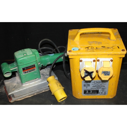 48 - ELITE 110V TRANSFORMER (1 OUTLET NOT WORKING) & HITACHI 110V SANDER