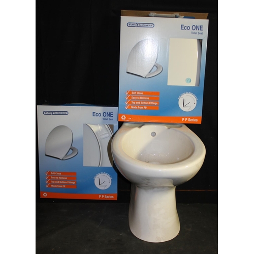 63 - WHITE TOILET (NO CISTERN), 2 X ECO ONE SOFT CLOSE TOILET SEATS - BOXED