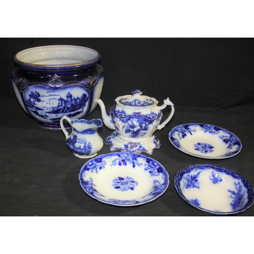 20 - VARIOUS ITEMS FLOW BLUE INCLUDING LARGE JARDINIERE c1890 (CHIP ON INSIDE RIM) & VICTORIAN TEA PO... 