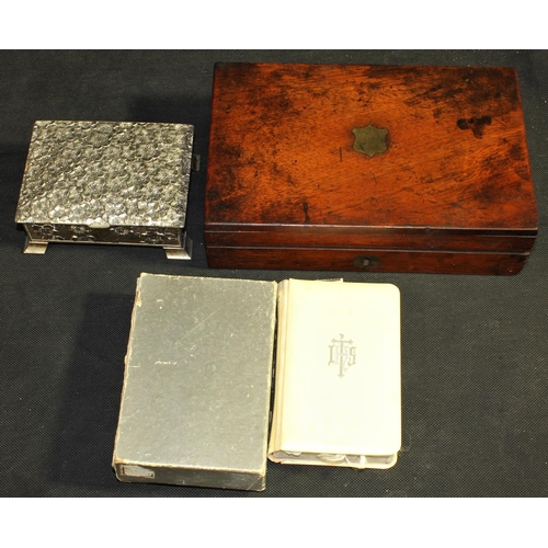 26 - MAHOGANY BOX WITH BRASS INLAID SHIELD & EXCUTCHEON c1850, BOXED PRAYER BOOK, JAPANESE PLATED FLO... 