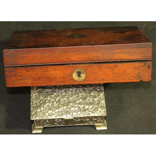 26 - MAHOGANY BOX WITH BRASS INLAID SHIELD & EXCUTCHEON c1850, BOXED PRAYER BOOK, JAPANESE PLATED FLO... 