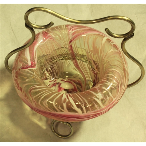 39 - VARIOUS ITEMS CRANBERRY GLASS & GLASS BOWL WITH SWIRL PATTERN ON METAL STAND