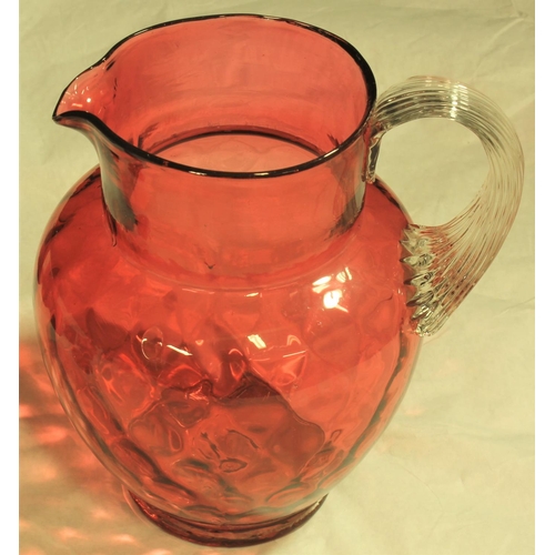 39 - VARIOUS ITEMS CRANBERRY GLASS & GLASS BOWL WITH SWIRL PATTERN ON METAL STAND