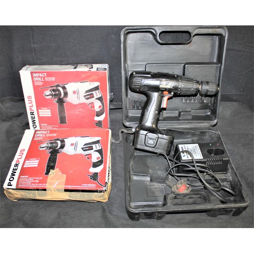 40 - 2 POWER PLUS IMPACT DRILLS & WICKES 18v DRILL WITH CHARGER, BATTERY & CASE