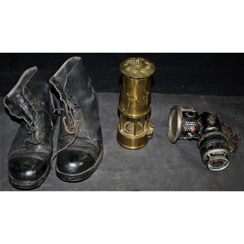 48 - BRASS MINER'S LAMP, POWELL & HAMMER LTD ACETYLENE CARBIDE LAMP & PAIR OLD STEEL TOE CAP BOOT... 