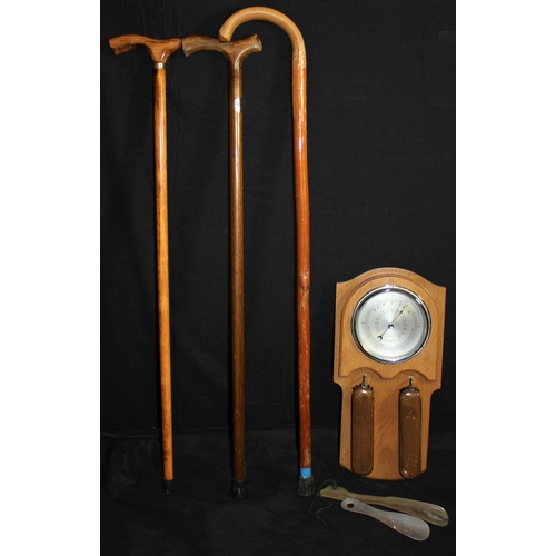 68 - BAROMETER & BRUSH SET AND 3 WALKING STICKS