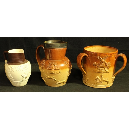 88 - RELIEF MOULDED STONEWARE 3 HANDLED MUG c1830 (6.5 DIAMETER, 6