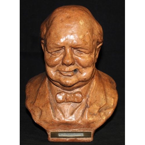 89 - MID 20th CENTURY TERRACOTTA BUST OF CHURCHILL - MATCH SITS IN HIS MOUTH WITH STRIKER IN PLINTH