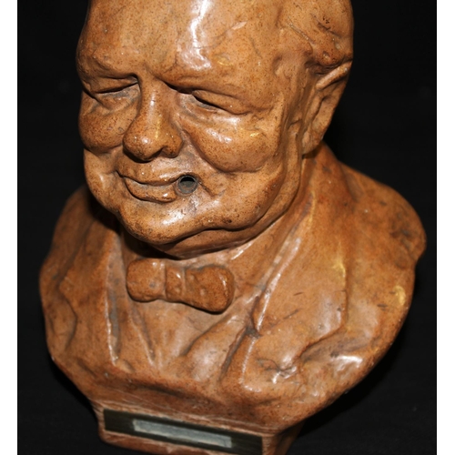 89 - MID 20th CENTURY TERRACOTTA BUST OF CHURCHILL - MATCH SITS IN HIS MOUTH WITH STRIKER IN PLINTH