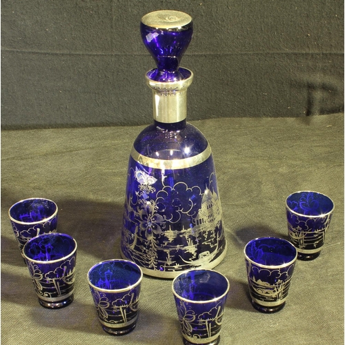 91 - ITALIAN c1950 ROYAL BLUE GLASS DECANTER & 6 CUPS ALL DECORATED IN SILVER OVERLAY