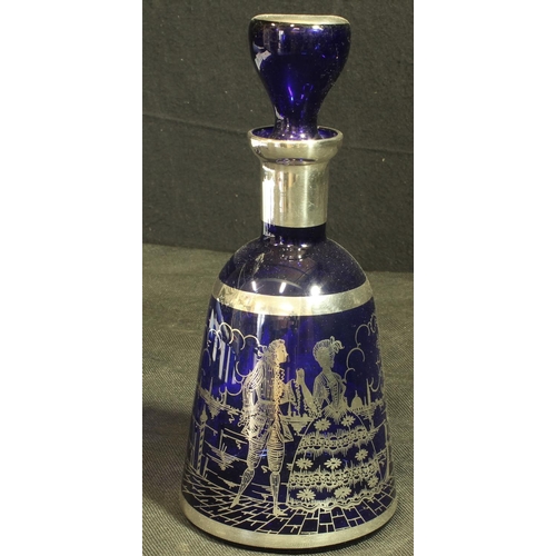 91 - ITALIAN c1950 ROYAL BLUE GLASS DECANTER & 6 CUPS ALL DECORATED IN SILVER OVERLAY