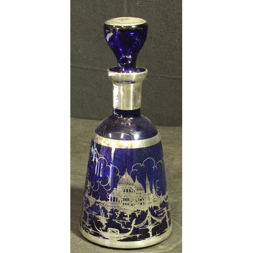 91 - ITALIAN c1950 ROYAL BLUE GLASS DECANTER & 6 CUPS ALL DECORATED IN SILVER OVERLAY