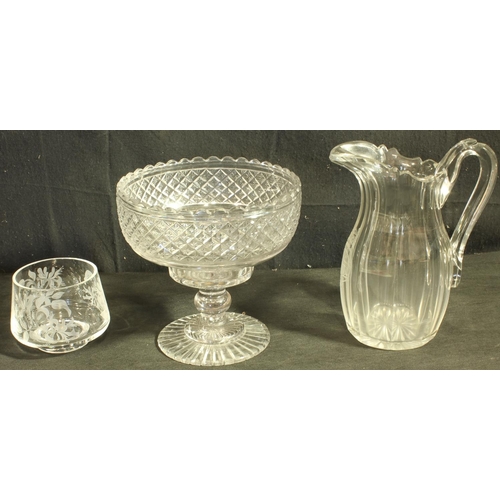 92 - 3 ITEMS OF GLASS: HEAVY WATER JUG EARLY 19TH CENTURY WITH HAND ERCHED MOTIF 'CONSERVATIVE CLUB', FRU... 