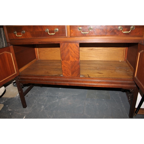 98 - MAHOGANY 4FT SIDEBOARD WITH BRASS DROP HANDLES ON RAISED SQUARE LEGS