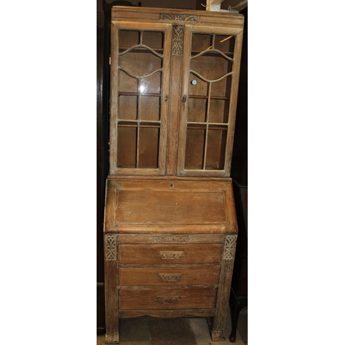 127 - STRIPPED OAK BUREAU BOOKCASE