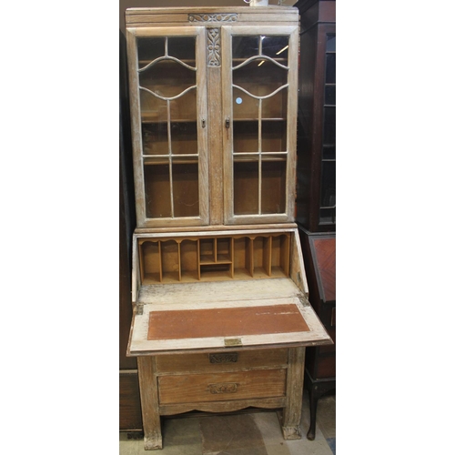 127 - STRIPPED OAK BUREAU BOOKCASE