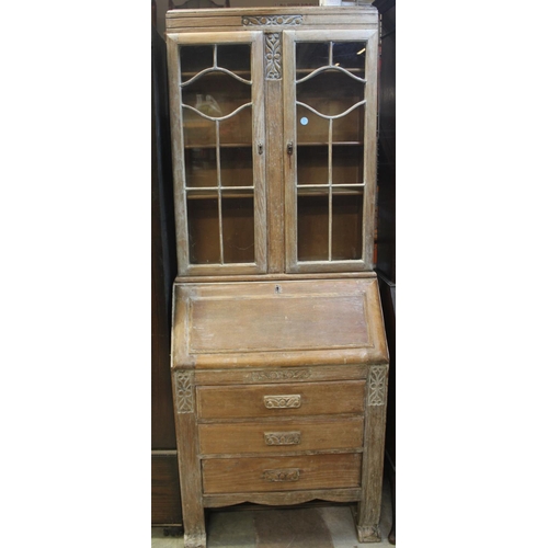 127 - STRIPPED OAK BUREAU BOOKCASE