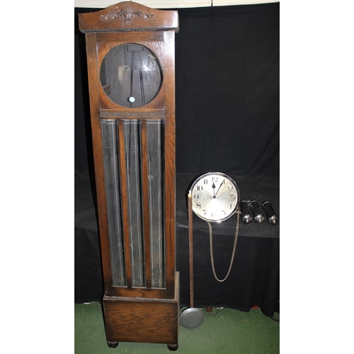 128 - OAK GRANDFATHER CLOCK CASE, PLUS CLOCK FACE, PENDULUM & WEIGHTS (PARTS DO NOT FIT CASE)