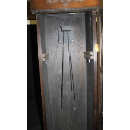 128 - OAK GRANDFATHER CLOCK CASE, PLUS CLOCK FACE, PENDULUM & WEIGHTS (PARTS DO NOT FIT CASE)