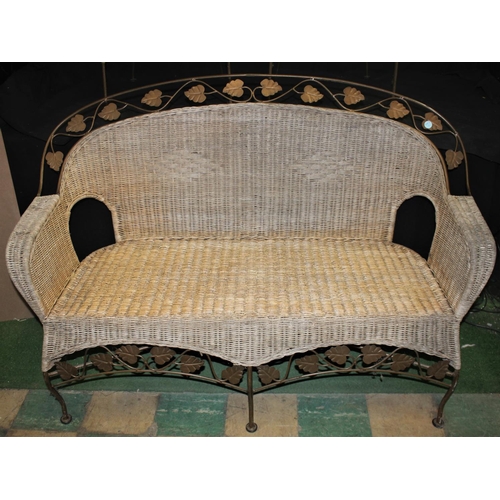 294 - IRON FRAME WICKER CONSERVATORY SUITE COMPRISING SOFA WITH LEAF PATTERN & 2 ARMCHAIRS