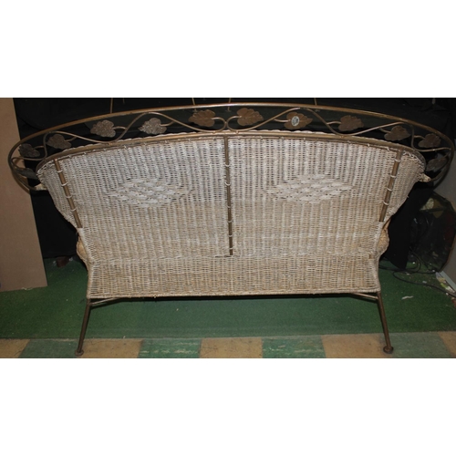 294 - IRON FRAME WICKER CONSERVATORY SUITE COMPRISING SOFA WITH LEAF PATTERN & 2 ARMCHAIRS