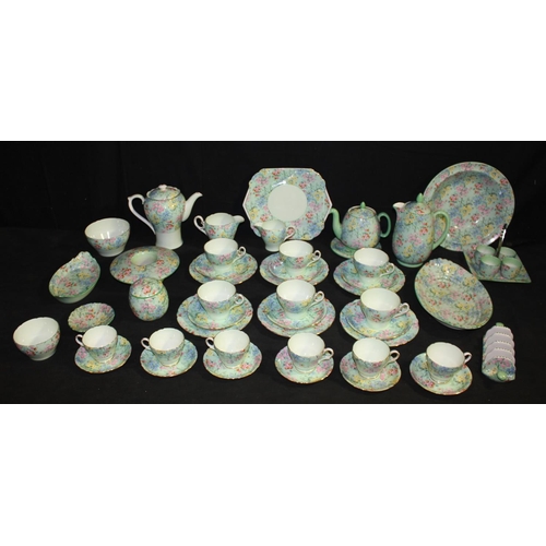 132 - LARGE SHELLEY 'MELODY' PATTERN TEA & COFFEE SERVICE PLUS MATCHING SALAD BOWL, TOAST RACK & E... 