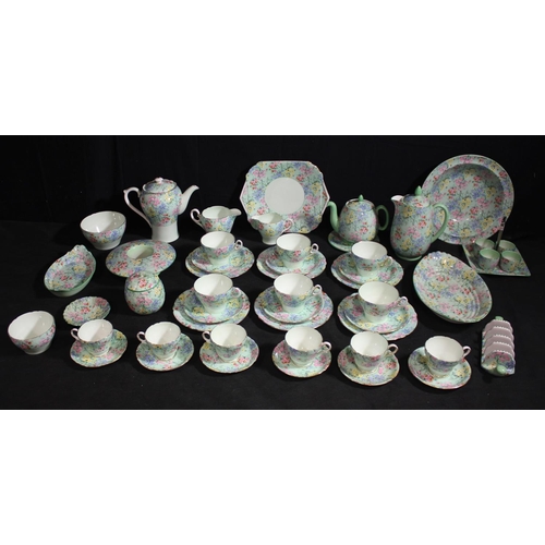 132 - LARGE SHELLEY 'MELODY' PATTERN TEA & COFFEE SERVICE PLUS MATCHING SALAD BOWL, TOAST RACK & E... 