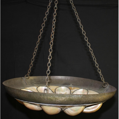 134 - ARTS & CRAFTS CEILING LIGHT MADE OUT OF REAL SHELLS SET IN HAND BEATEN PEWTER FRAME (DIAMETER 16... 