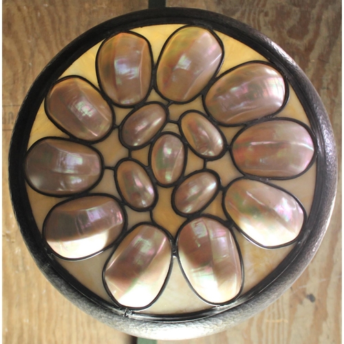 134 - ARTS & CRAFTS CEILING LIGHT MADE OUT OF REAL SHELLS SET IN HAND BEATEN PEWTER FRAME (DIAMETER 16... 