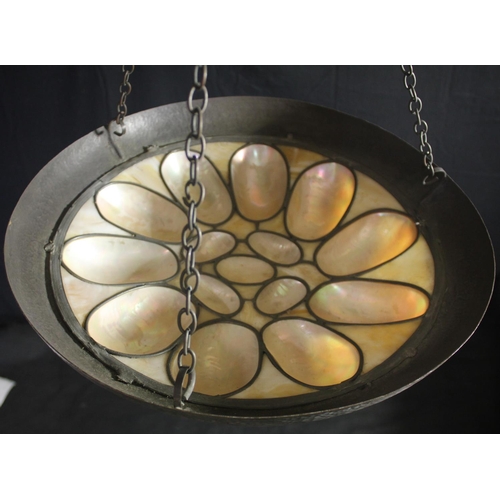 134 - ARTS & CRAFTS CEILING LIGHT MADE OUT OF REAL SHELLS SET IN HAND BEATEN PEWTER FRAME (DIAMETER 16... 