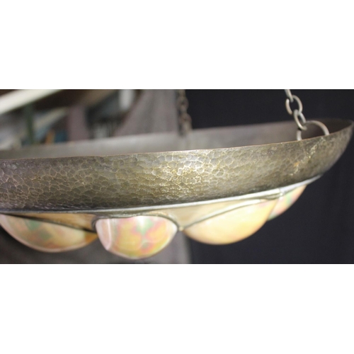 134 - ARTS & CRAFTS CEILING LIGHT MADE OUT OF REAL SHELLS SET IN HAND BEATEN PEWTER FRAME (DIAMETER 16... 