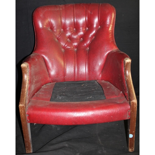 148 - RED REXINE STUD BACK ARMCHAIR - MISSING CUSHION