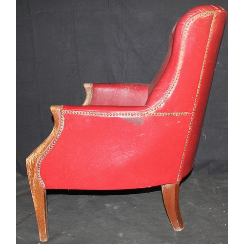 148 - RED REXINE STUD BACK ARMCHAIR - MISSING CUSHION