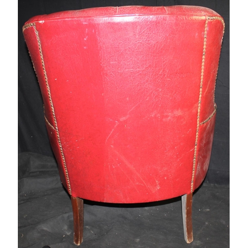 148 - RED REXINE STUD BACK ARMCHAIR - MISSING CUSHION