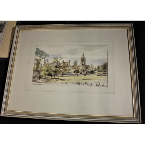 151 - OAK FRAMED PHOTOGRAPH OF CANTERBURY, PRINT OF MALVERN, FRAMED WATERCOLOUR - SIGNED 1964