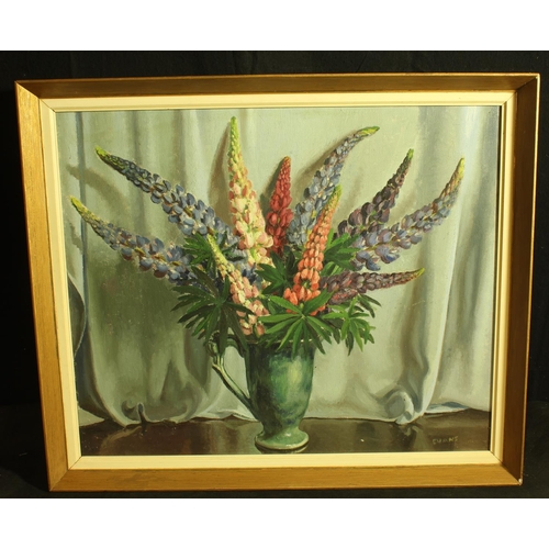 165 - STILL LIFE OIL ON CANVAS OF LUPINS IN A GREEN JUG - SIGNED EVANS 1950's/60's (24