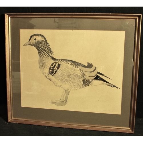 168 - FRAMED PEN & INK OF A DUCK c1961 - SIGNED ELWEN M JANET