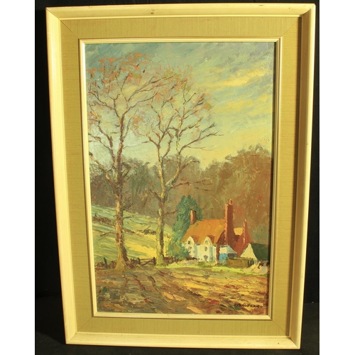 176 - OIL ON BOARD USING PALLET KNIFE OF COTTAGE IN WOODLAND SCENE BY CB ROOKER (15