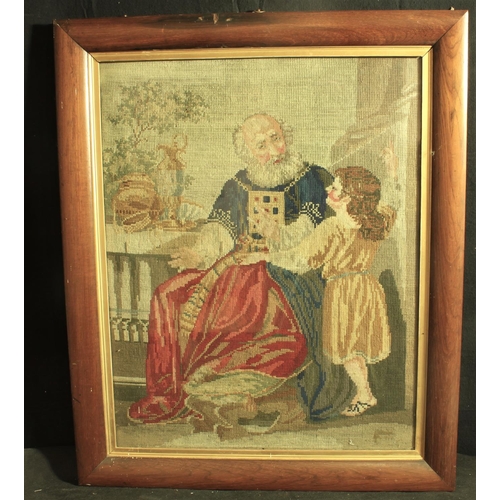 180 - FRAMED WOOL STITCHED PICTURE OF OLD MAN WITH CHILD  (24