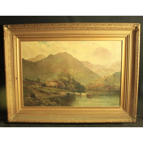 181 - LARGE OIL ON CANVAS c1890 BY A FONTVILLE: SCOTTISH SCENE WITH CATTLE IN RIVER - SOME DAMAGE (PICTURE... 