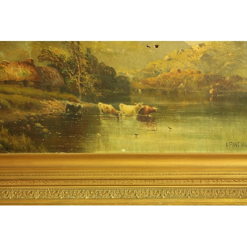 181 - LARGE OIL ON CANVAS c1890 BY A FONTVILLE: SCOTTISH SCENE WITH CATTLE IN RIVER - SOME DAMAGE (PICTURE... 