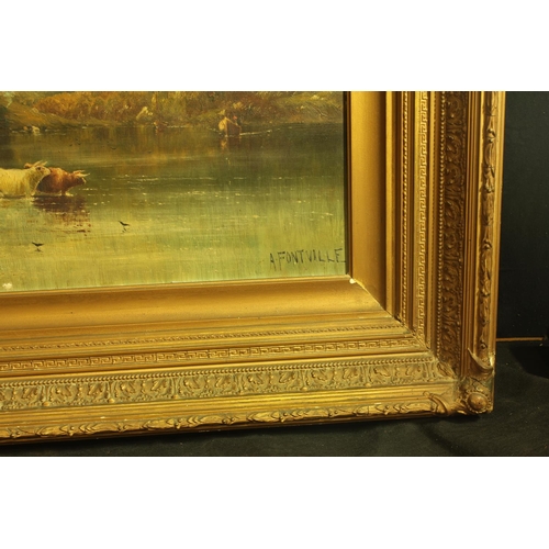 181 - LARGE OIL ON CANVAS c1890 BY A FONTVILLE: SCOTTISH SCENE WITH CATTLE IN RIVER - SOME DAMAGE (PICTURE... 