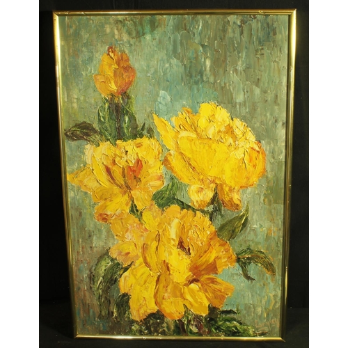 189 - OIL ON BOARD USING PALLET KNIFE OF YELLOW FLOWERS c1950'S BY LESLIE LANGLEY, KENT (21