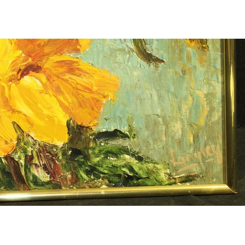 189 - OIL ON BOARD USING PALLET KNIFE OF YELLOW FLOWERS c1950'S BY LESLIE LANGLEY, KENT (21